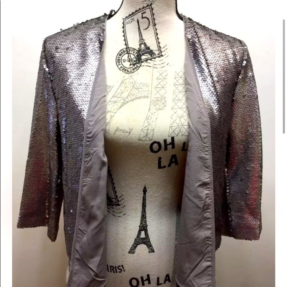 Forever 21 Women Sequinned Jacket Over piece Small Silver Pewter Long Sleeve